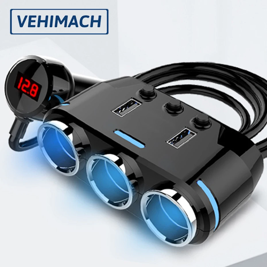 

12-24V Car Cigarette Lighter Splitter Plug 3 Sockets Phone Dual USB Charger Adapter LCD Display Auto Electronic Car Accessories