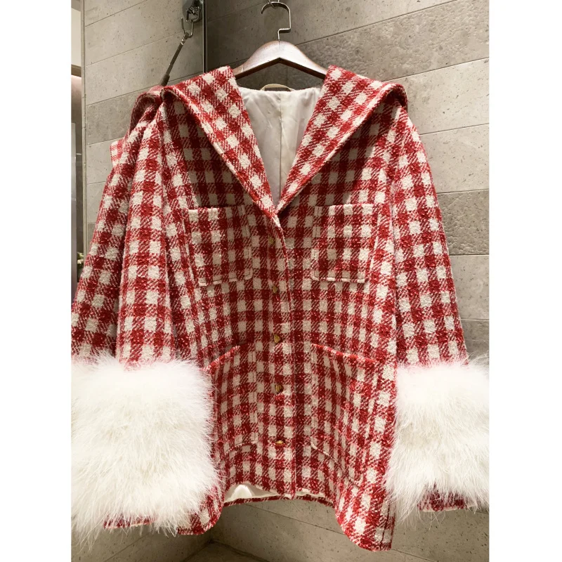 

Plaid tweed fur sleeves jacket 2019 high-end women's ostrich hair casual large lapel coat fashion product jacket