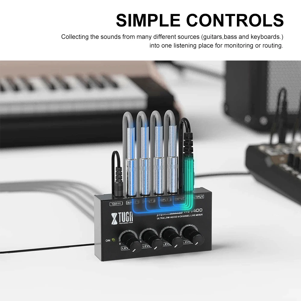 XTUGA 4 Channel Sound Mixer Professional Ultra Low-Noise Audio Sound Mixer Amplifier for Keyboards,Mixers,Musical Instruments