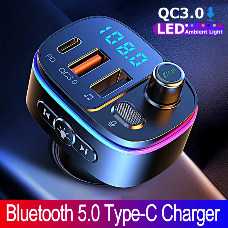 [Liaoshop] jinserta xe bluetooth5.0 Bộ phát sóng FM Type-C và QC3.0 Bộ sạc hai cổng USB máy nghe nhạc MP3 Đèn thân xe 7 màu nhạc lossless