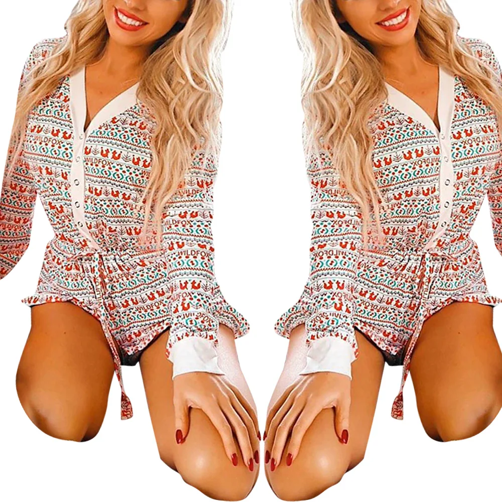 

Christmas Style Women Playsuits Single-breasted Belt Decor V-Neck Long Sleeve Mid Waist Slim Pullovers Female Jumpsuits for Home
