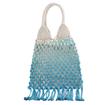 

Handmade Cotton Woven Womens Handbags and Purses Hollow Rope Tassel Beach Female Net Straw Tote Evening Clutch Bags