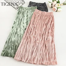 TIGENA Vintage Fold Velvet Skirt Women Fashion Korean High Waist Pleated Long Maxi Skirt Female Ladies Green Pink Blue