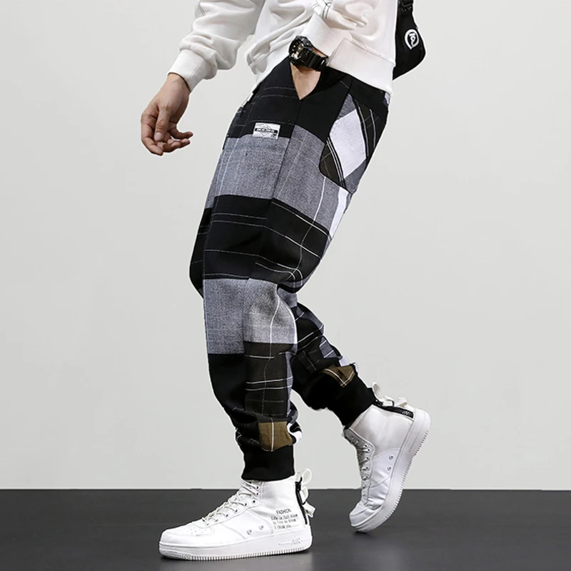 Autumn Fashion Men Jeans Loose Fit Plaid Designer Harem Pants Casual Trousers Streetwear Slack Bottom Hip Hop Joggers Pants Men - Цвет: Серый
