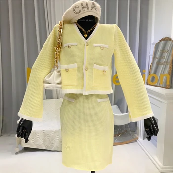 

Korean Fashion Skirt Suit Female 2020 New autumn long Sleeve Single-Breasted Short Coat + Solid Color High Waist Short Skirt