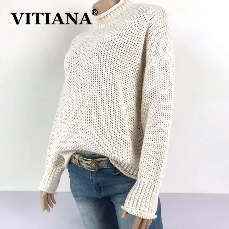 VITIANA, осенне-зимний Повседневный вязаный свитер для женщин, длинный рукав, водолазка, пуловеры, свободное одноцветное пальто, модные свитера, одежда