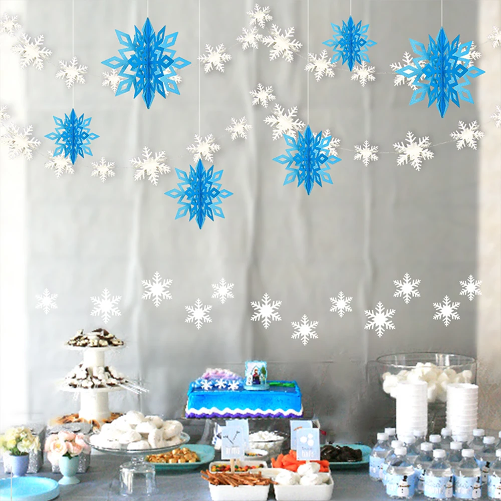 Ice Blue White Snowflakes Decorations frozen Birthday Party 3D Hollow  Snowflakes Garlands Hanging Christmas Decorations For