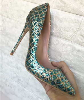 

Blue square sequins women's shoes high heels 12 cm heel sexy pointed shallow shoes small size 33 party shoes
