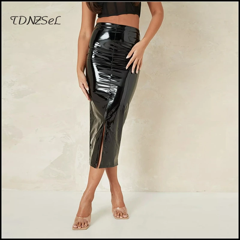 Midi Skirts Faux-Latex Custom Fashion High-Waist Women Hems Back Split Skinny Bodycon
