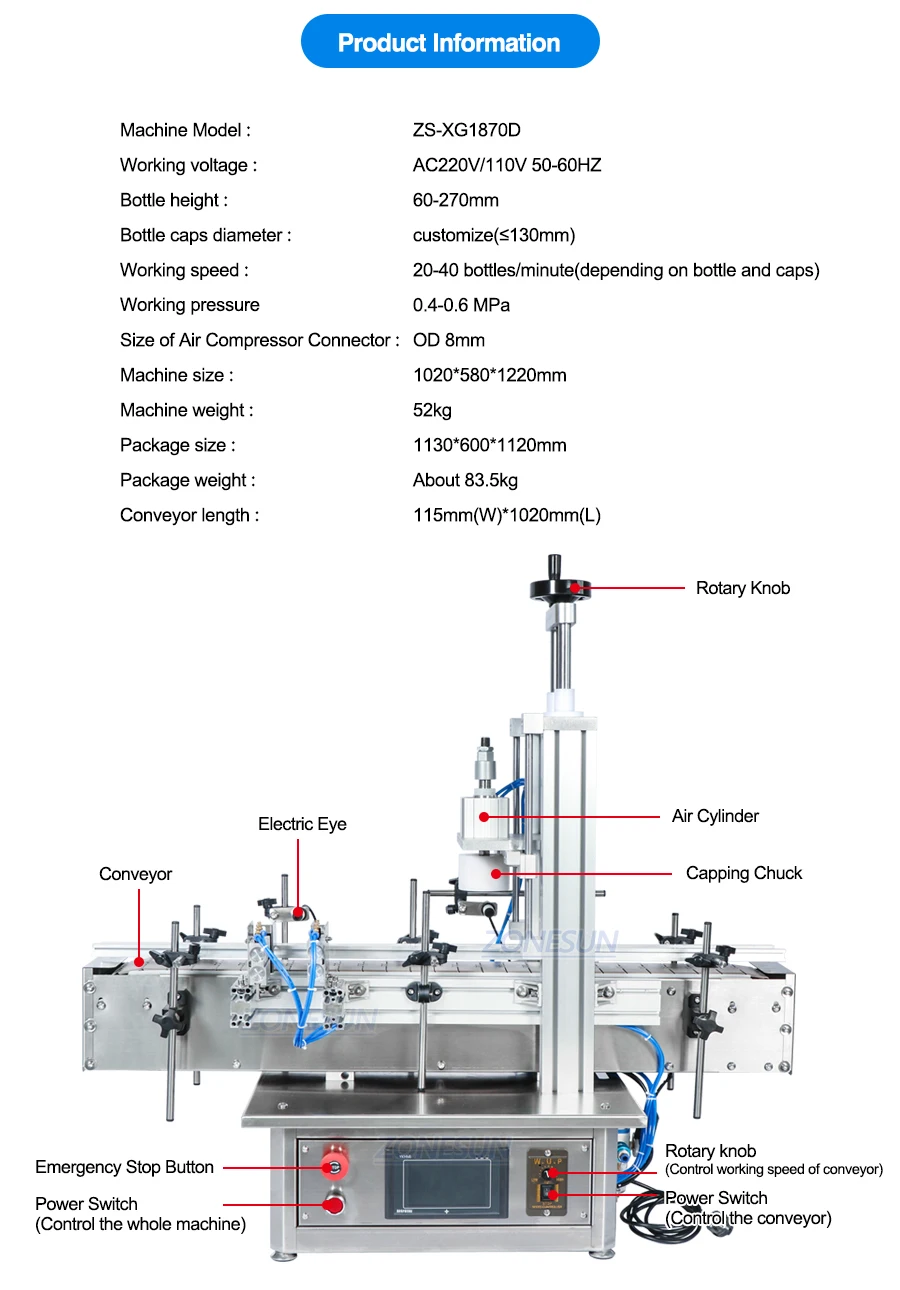 ZONESUN ZS-XG1870D Custom Size Pneumatic Automatic Cap Pressing Machine