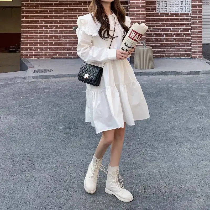 Dress Women Fashionable Sundress Long Sleeve Peter Pan Collar Solid Korean Style Retro A-line Ladies Loose All-match Casual Teen dress shops