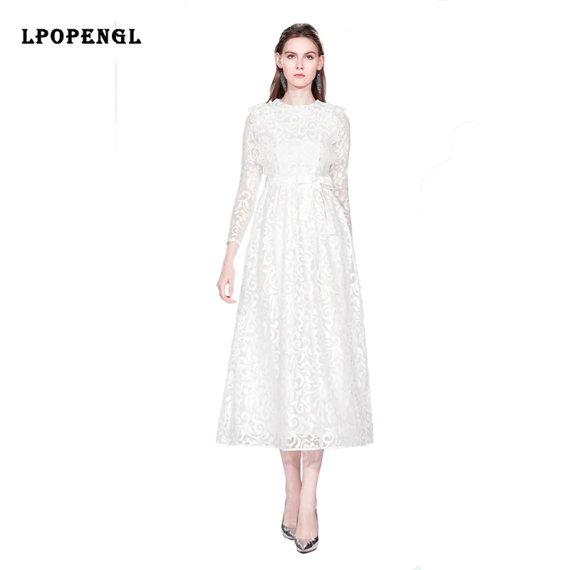 

2019 New Women's Autumn And Winter Temperament Ladies Fairy Dress Fashion White Lace Dress Formal Dress Women Elegant Vadim