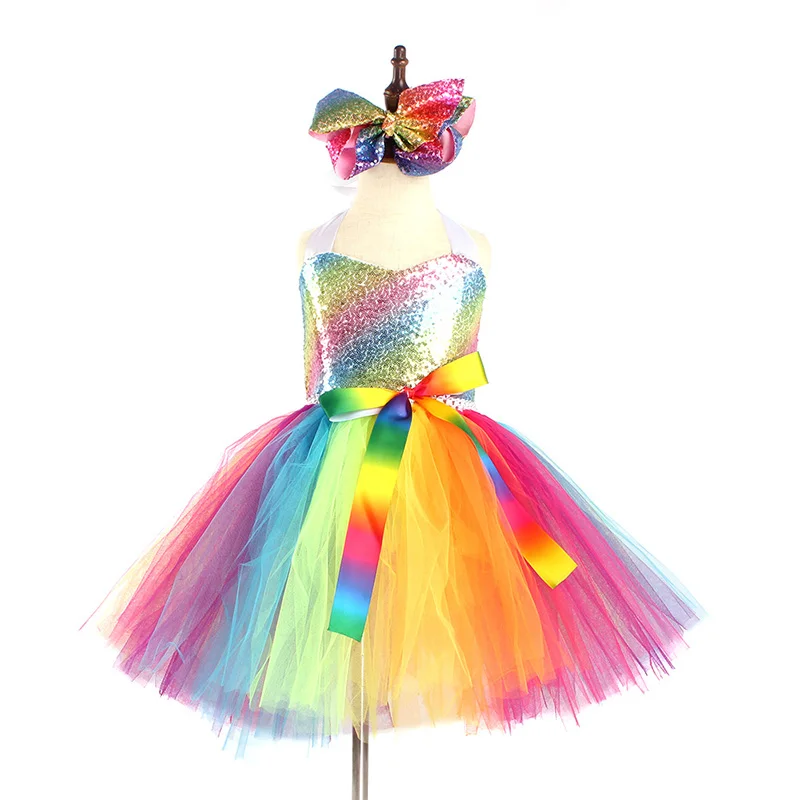 Rainbow Sequins Girl Princess Tutu Dress Kids Wedding Birthday Party Pageant Tulle Dresses Vestidos Children Bow Clothing (20)