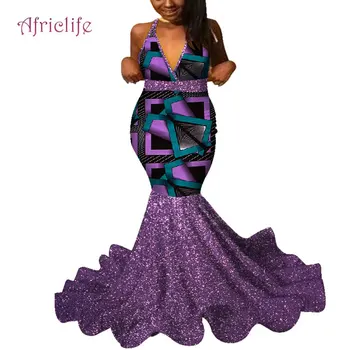 

2020 African Women Wedding Long Dress Sexy Deep V-neck Party Dresses for Women African Print Slessless Women Clothing WY4641