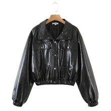 2021 New Autumn Winter Women Black Short Jacket Soft Faux Leather Snakeskin PU Coat Warm Cotton Padded Zip Motorcycle Outwwear