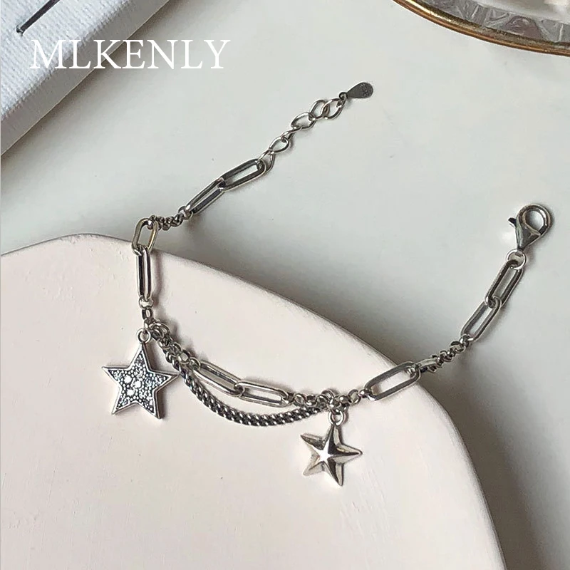 MLKENLY настоящий 925 корейский старый ретро звезда кулон браслет цепочка для женщин ювелирные украшения