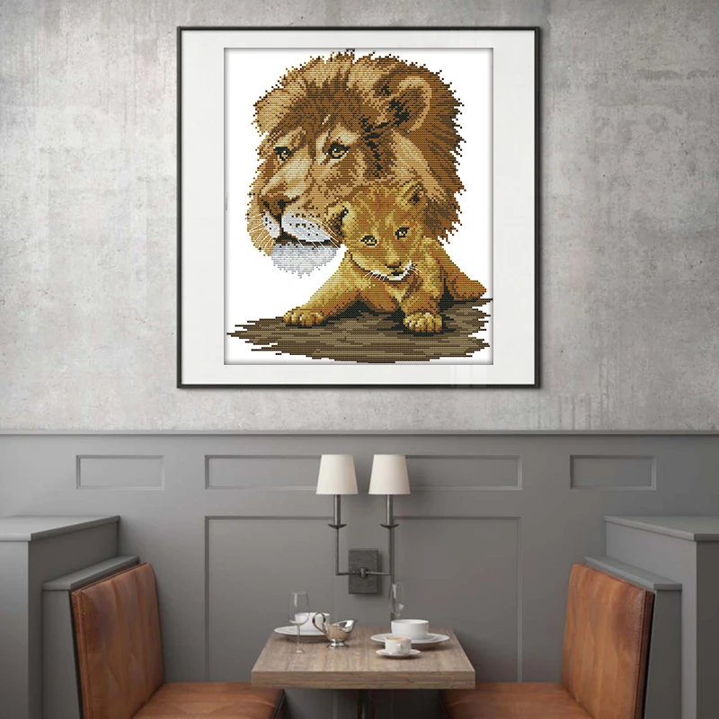

Joy Sunday DIY Cross Stitch Kit Two lions pattern Printed Suitable for hanging in the living room Chinese embroidery needlework