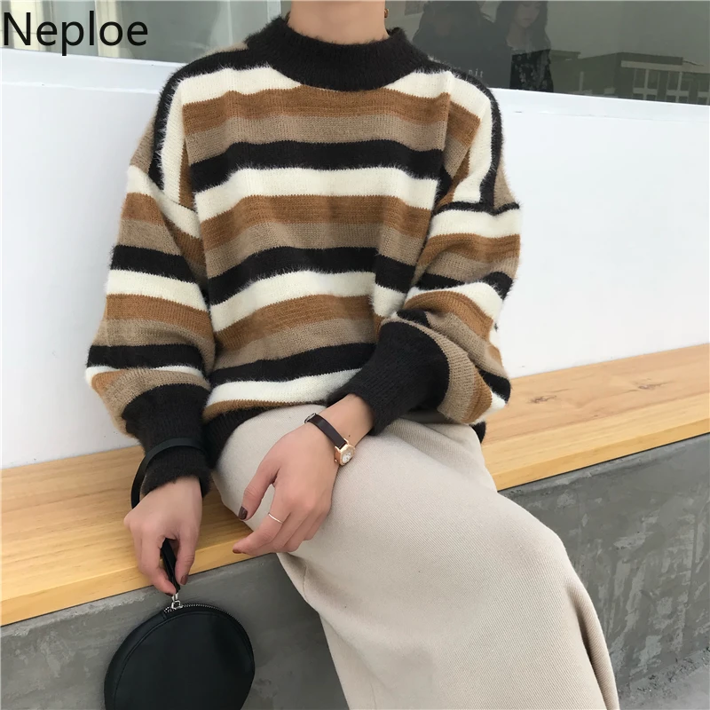 

Neploe Contrast Color Striped Hairy Sweater 2019 Autumn Winter Warm Pullover Women Lantern Sleeve Knit Jumper Pull Femme 54918