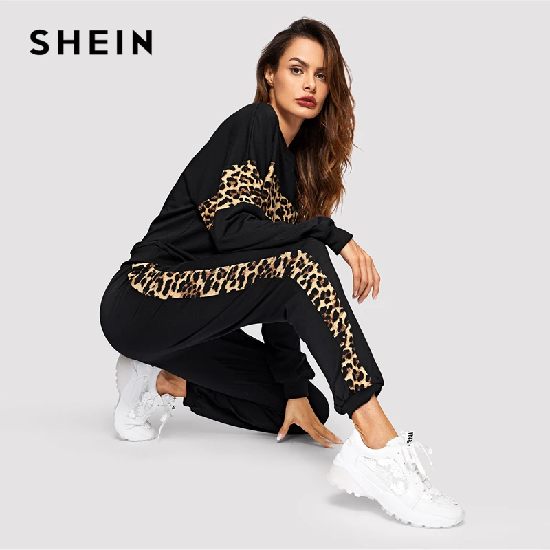 SHEIN Pullover con pannello leopardato nero donna o-collo Athleisure felpa  e pantaloni della tuta Set autunno donna Casual Set due pezzi - AliExpress  Women's Clothing
