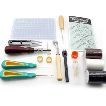 

Profession Leather Sewing Tool Set Cutting Mat Awl Needle Thread Grooving, Round Hole Punch for Leathercraft DIY Craft Kit
