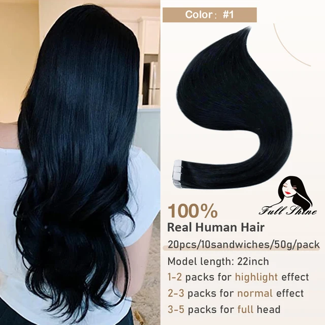 Full Shine Tape In Human Hair Extensions Blonde 100% Real Remy Human Hair Skin Weft Adhesive Glue On For Salon High Quality 1Jet Black