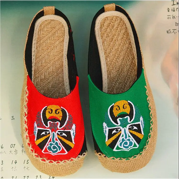 

Peking Opera Drama face big head slippers women Linen embroidered shoes China national style household authentic slippers