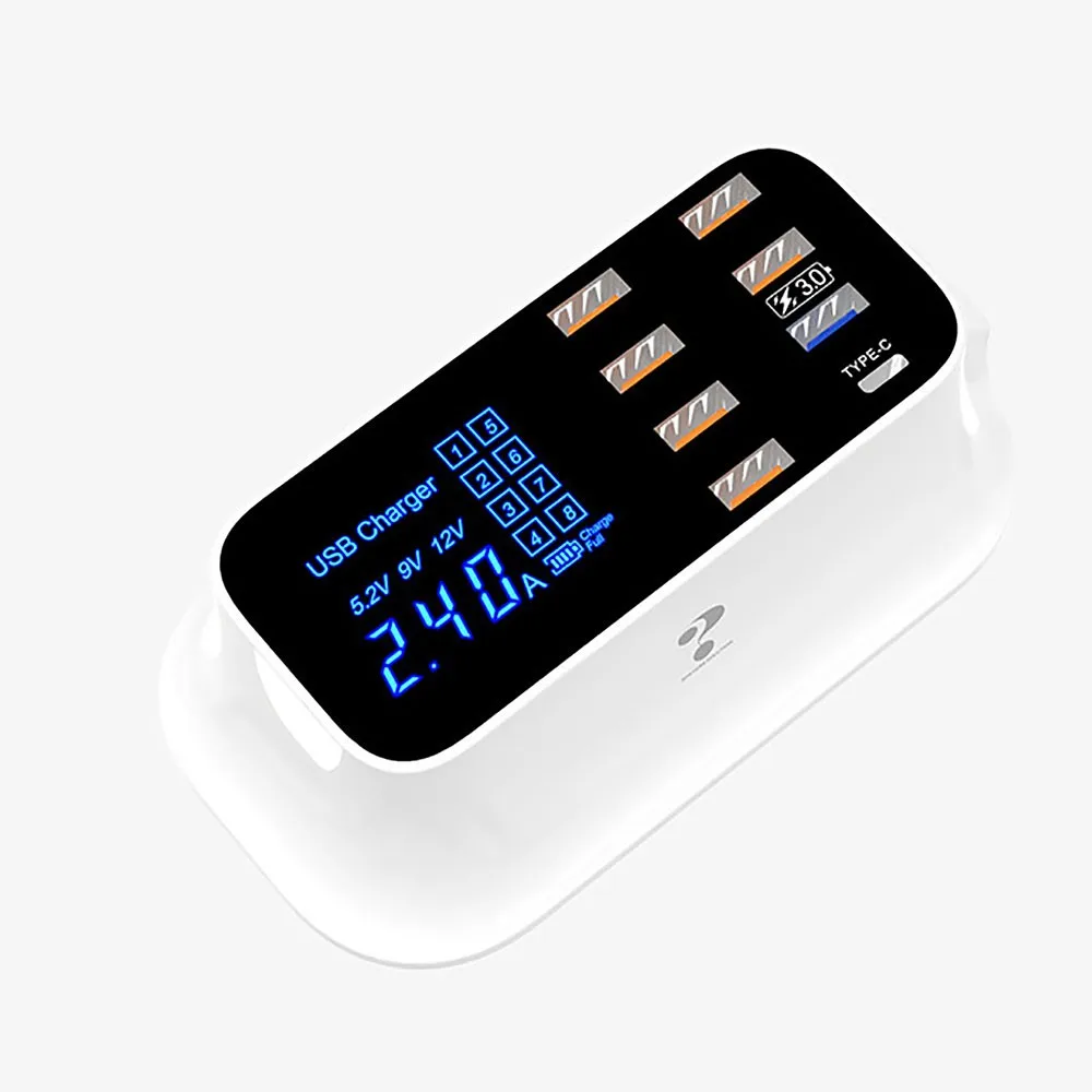 

USB Charger Station 18W Fast Charging Hub With 6 USB, 1 Type-C, 1 QC 3.0, LED Digital Display For Huawei IPhone Samsung Xiaomi