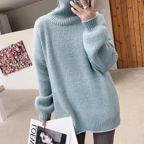 LIGHT BLUE Осенне-зимнее свободное винтажное платье-свитер с высоким воротником для женщин, большие размеры, женские длинные свитера с заниженной талией - Цвет: LIGHT BLUE