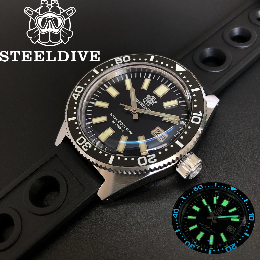 STEELDIVE винтажные 42 мм черный циферблат купол сапфировое стекло 200 м