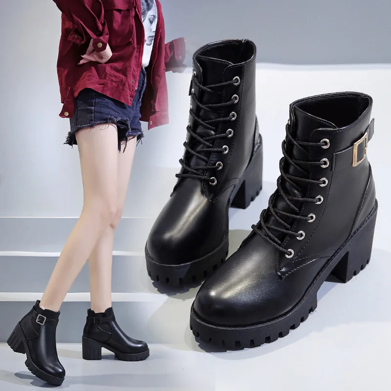 

2018 Autumn And Winter High-Heel Chunky-Heel Waterproof Platform Lace-up Europe And America WOMEN'S Shoes Short Boots Warm Marti