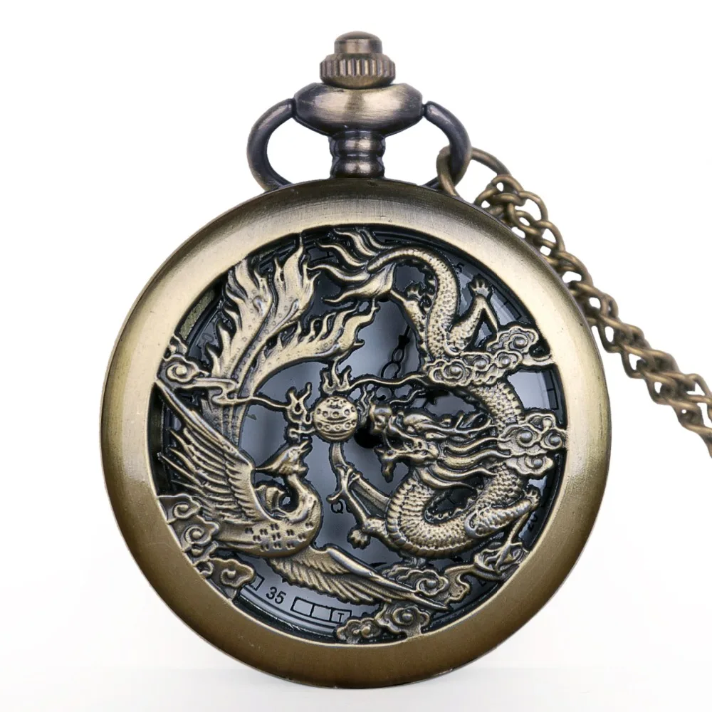 Античный стимпанк полые Дракон и Феникс резьба полые кварцевые карманные часы Винтаж для мужчин и женщин часы подарки Fob часы