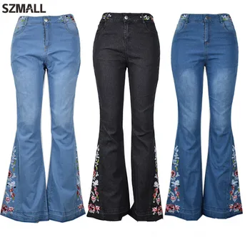 

SZMALL Newest Fashion Pop Women Jeans Autumn Winter Female Floral Flare Full Jeans High Waist Button Long Trouser