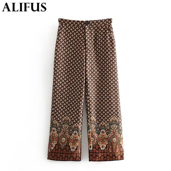 

Fashion Za 2019 Women Vintage Stylish Flowy Print Straight Pants Casual Zipper Fly Pockets Ladies Ankle Trousers Female