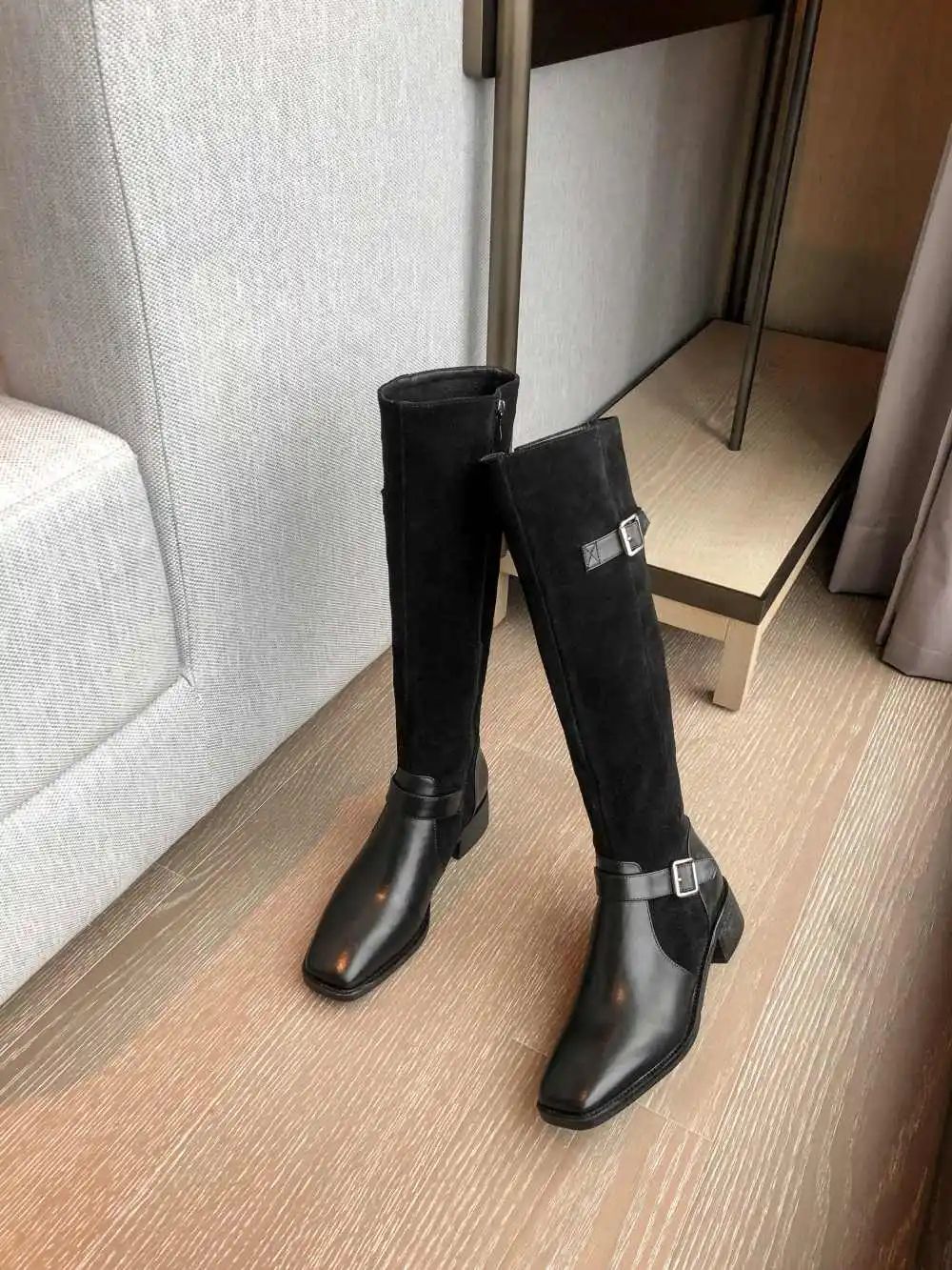 Lenkisen new vintage cow leather patchwork buckle straps square toe med heels winter keep warm women Zipper thigh high boots L35