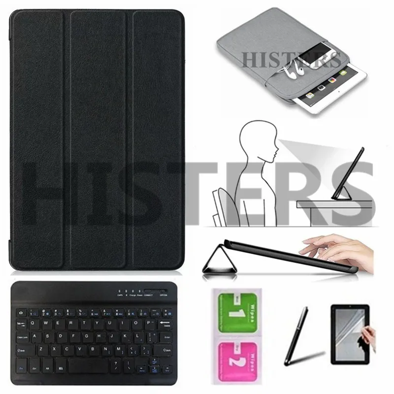 Аксессуары для iPad 9,7 A1893 A1954 A1822 A1823 Smart Wake-Sleep чехол+ Bluetooth клавиатура+ рукав+ пленка+ стилус+ салфетка - Цвет: BK10-BK