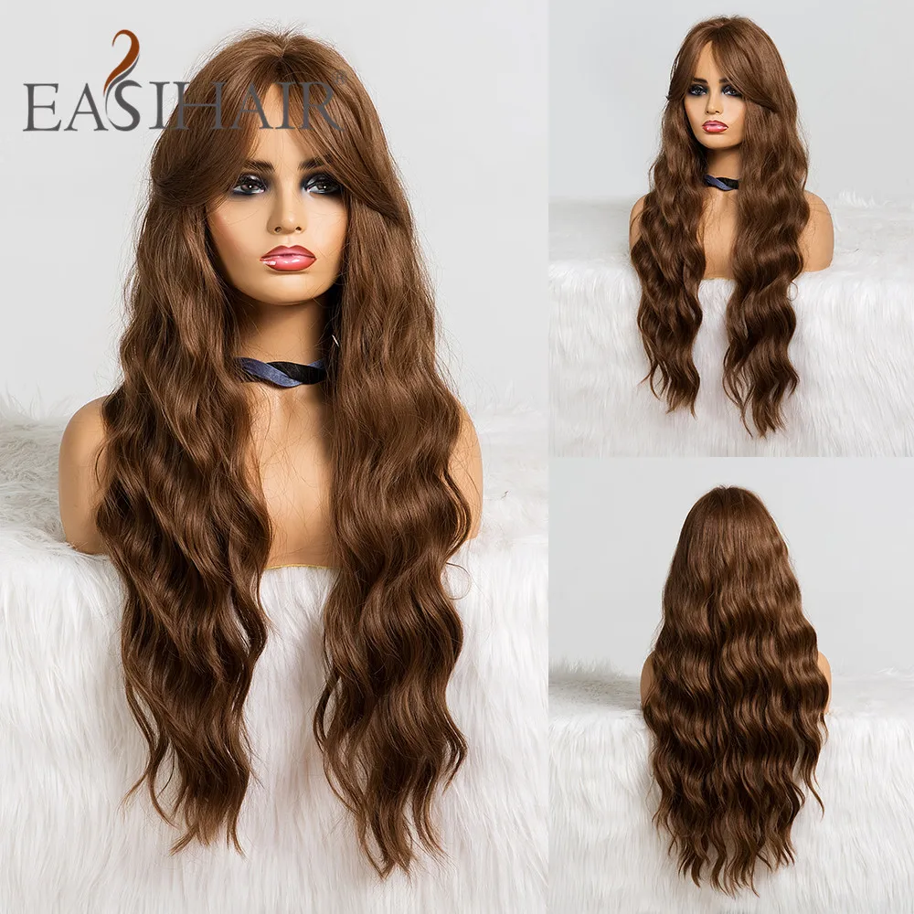 EASIHAIR Long Dark Brown Synthetic Wigs for Women Water Wave Cosplay Wigs With Bangs Heat Resistant Pink Fake Hair Natural Wigs