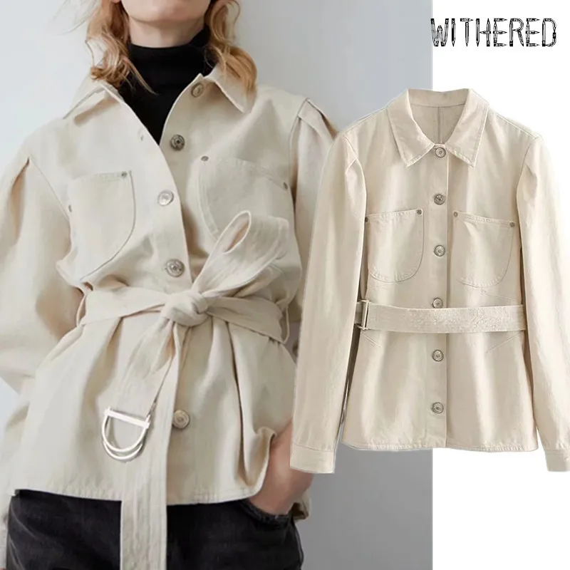 

Withered england vintage puff sleeve big pockets sashes denim jacket women casaco feminino jaqueta feminina cargo jacket women