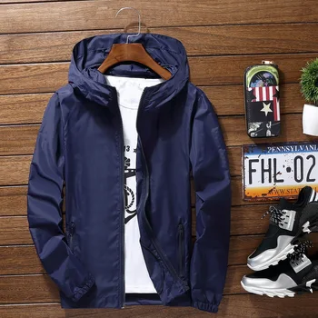 

2020 Light-Weight Men's Summer Hooded Jacket Thin Windbreaker Packable Sunscreen Waterproof Beach Casual Zipper Coat Solid Color