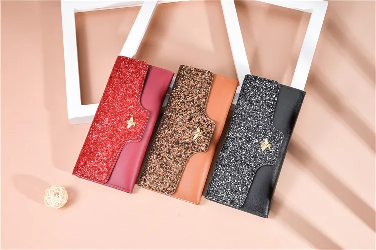 Long Wallet Wristband Women Purses Sequins Zipper Coin Purse Card Holder Wallets Female High Quality Clutch Money Bag PU Leather