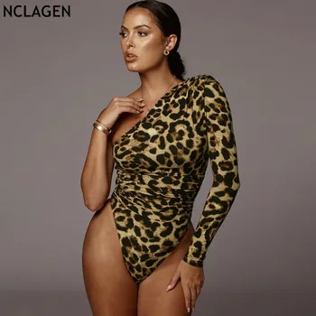 

NCLAGEN 2019 Autumn Women Sexy Leopard Print Long Sleeve One Shoulder Bodysuits Skew Collar Slim Fitness Bodycon Rompers
