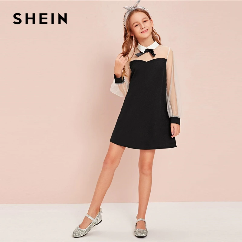 

SHEIN Kiddie Black Collared Bow Front Girls Preppy Dress Autumn Contrast Mesh Sleeve Button Back A Line Short Cute Dresses