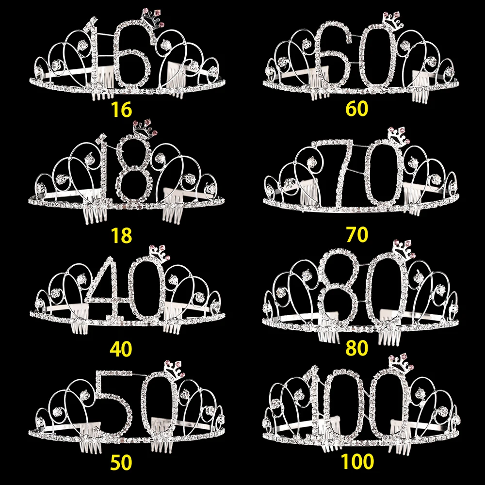 1 шт. Юбилей повязка на голову с короной на день рождения 16/18/40/50/60/70/80/100th серебристый Стразы тиара вечерние украшение Средства для укладки волос