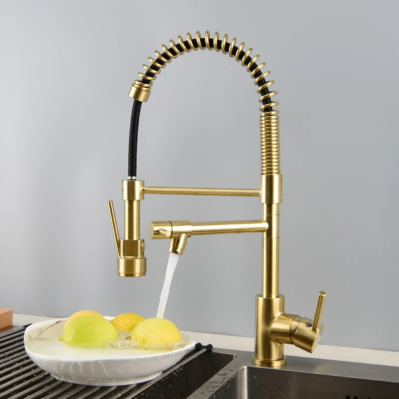 

Top Quality Brushed gold 600mm high brass Kitchen sink faucet Pull out Spring Kitchen faucet Cold hot water High quality faucet