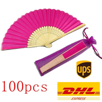 

100pcs 21CM Fan + Organza Gauze Bag Wedding Cloth Fan Bamboo Multi-color Solid Color Surface Can Be Used as a Wedding Gift