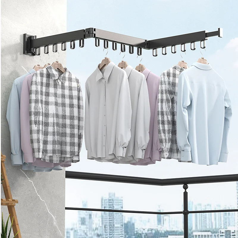 Foldable Clothes Drying Rack Retractable Hanger Punch Free Outdoor Balcony Laundry Wall Mounted Coat Racks | Дом и сад