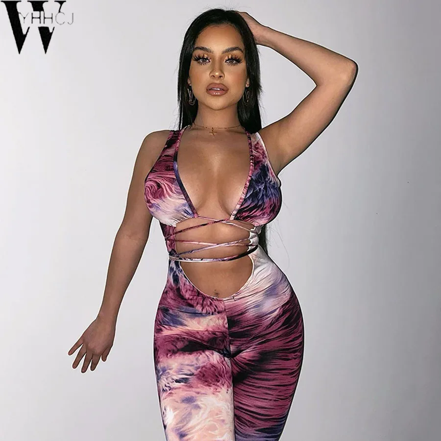 WYHHCJ 2020Bandage Tie Dye Hollow Out Rompers Womens Jumpsuit Fitness Sleeveless Push Up Bodycon Party Jumpsuits V Neck Sexy Hot