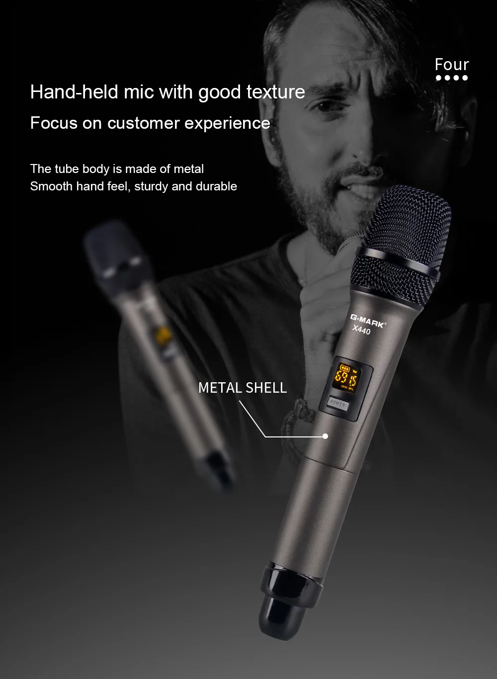 G-MARK X440 Professional Wireless Microphone 4 Channels Karaoke Handheld Metal Body Chargeable Easy Use Outdoor With Suitcase