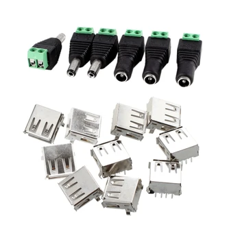 

10Pcs USB Type-A Socket 90-Degree Female Connector Jack & 6 Pcs 5.5X2.1mm Female + Male CCTV DC Power Connector
