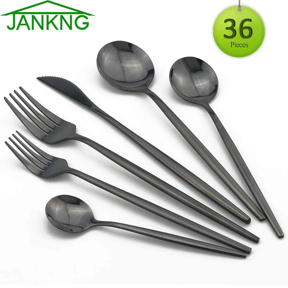 36Pcs Tableware Set 304 Stainless Steel Cutlery Knife Fork Spoon Dinner Black Kitchen Silverware Colorful Dinnerware | Дом и сад