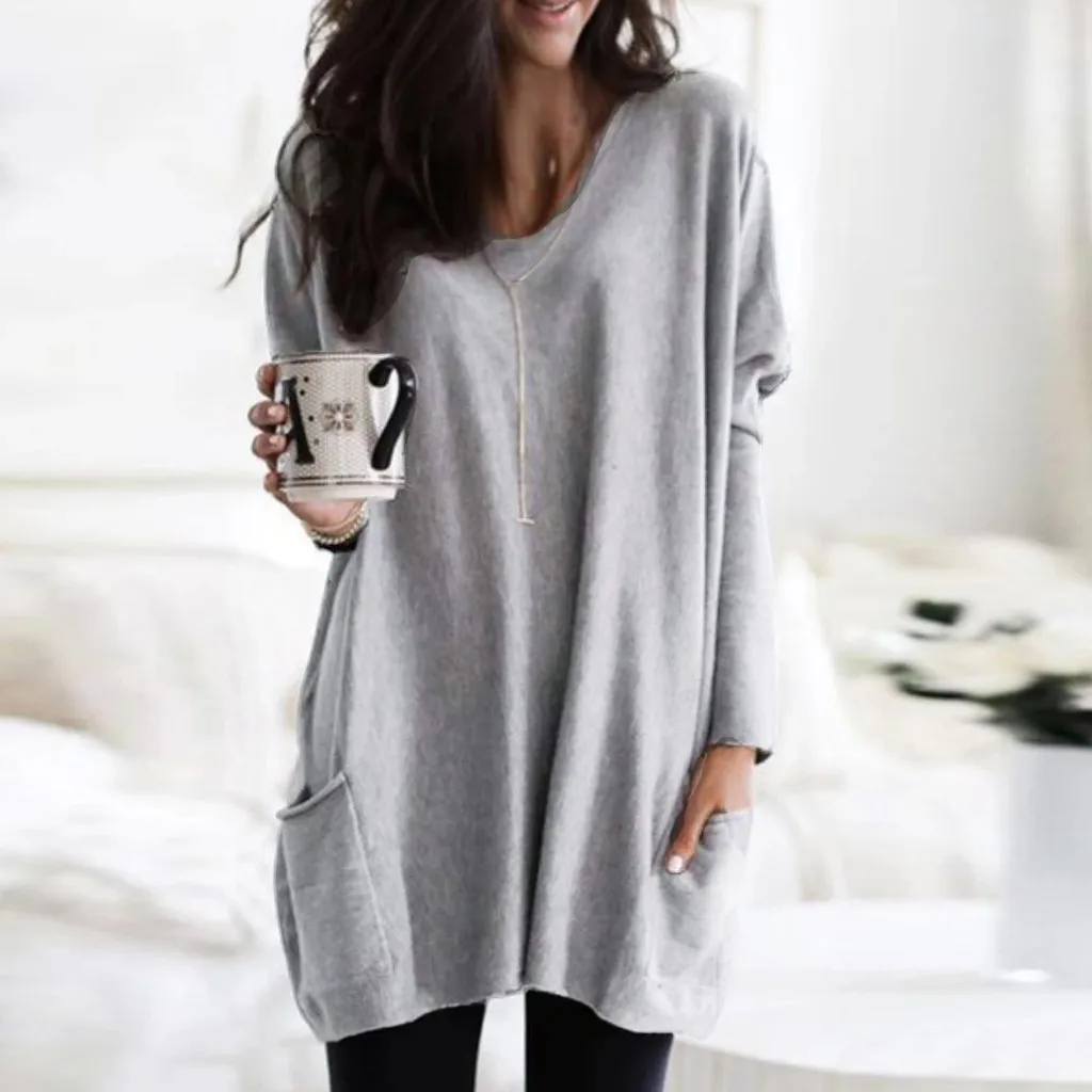 

Plus Size Fashion Pockets Solid Long Blouse Casual Winter Loose O-Neck Top Female Womens Tops Long Sleeve Shirt Blusa Pullover